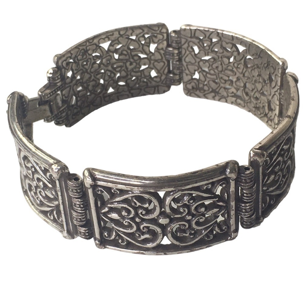 Brighton Vintage "Berkeley" Scroll Link Bracelet Silver Plate Retired Hearts